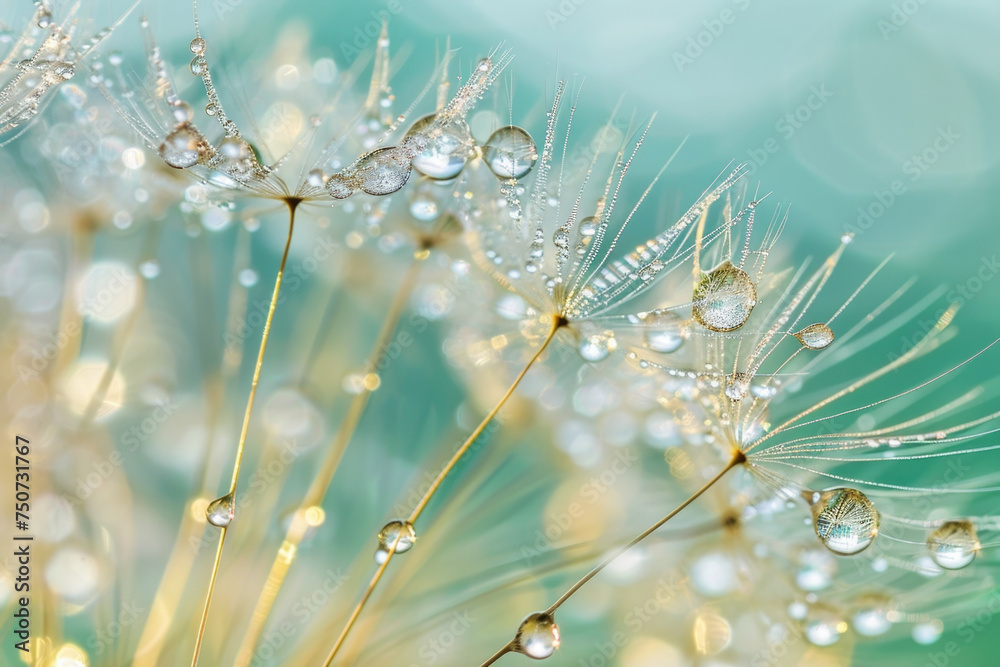 Fototapeta premium Beautiful dew drops on a dandelion seed macro