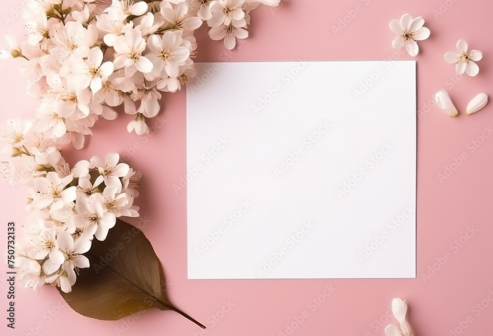 Blank Paper Surrounded by Flowers on Pink Background