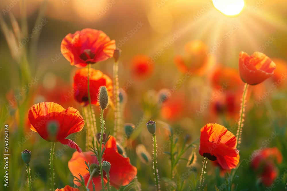 Fototapeta premium Beautiful meadow with red poppy flowers in the sunset light