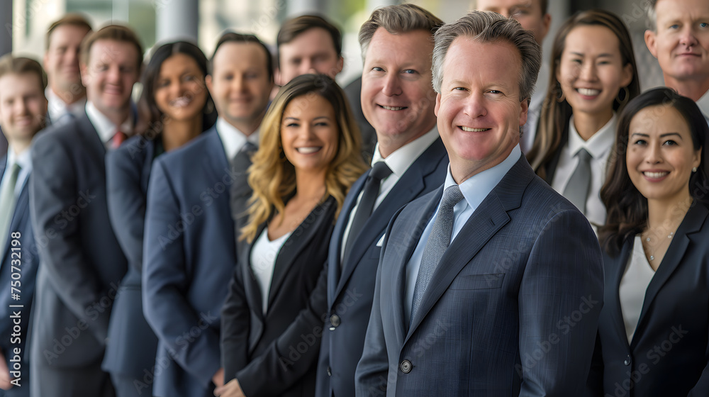 A confident business team of men and women stand together in a modern office, smiling for a group photo A confident business team of men and women stand together in a modern office, smiling for a group photo