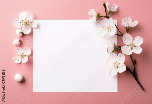 Blank Paper Surrounded by White Flowers on Pink Background