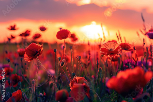 Beautiful meadow with red poppy flowers in the sunset light