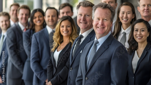 A confident business team of men and women stand together in a modern office, smiling for a group photo