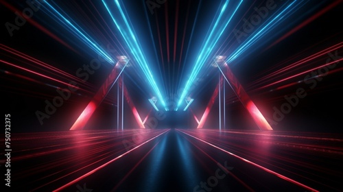 abstract background with red blue laser rays Bright projector shining on the dark empty stage neon light