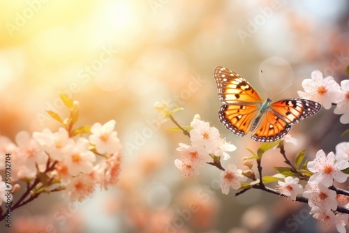 Butterfly Perched on Blossoming Tree Branch
