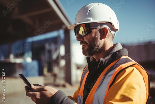 A Caucasian male engineer using phone in construction site for inspection. A foreman man wearing hard helmet for working. photo