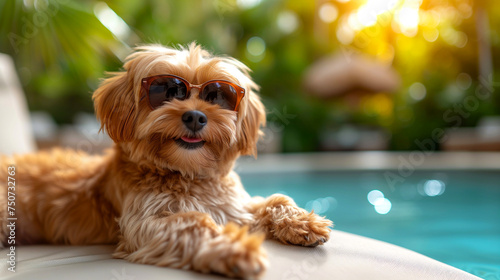 Cute dog with sunglasses relaxing in swimming pool at sunny day.