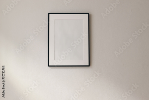 Artistic mockup template. Black vertical picture frames on beige wall background in sunlight. Poster display at home, minimal Scandinavian design, no people. Elegant apartment concept. Template