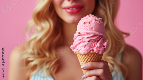 Close-up of beautiful blonde woman with pink ice cream in a waffle cone