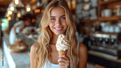 Beautiful young woman eating ice cream in cafe, closeup portrait