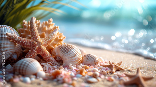 Starfish and seashells on the beach. Nature background.