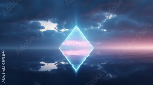 abstract background with white cloud levitates inside the glowing neon triangle with reflection in the water Minimal futuristic seascape