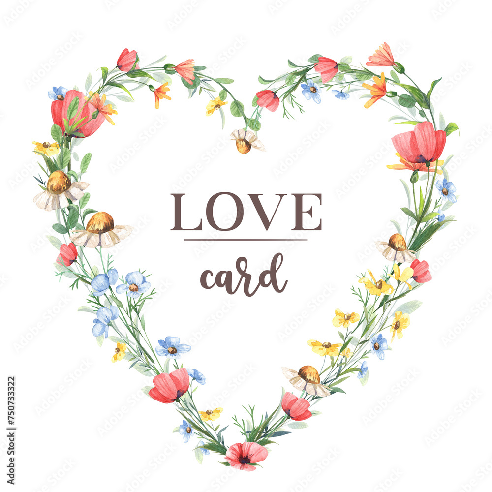 Heart shaped greeting card with wild flowers. Spring blooming flowers frame for greeting cards and wedding templates with copy space