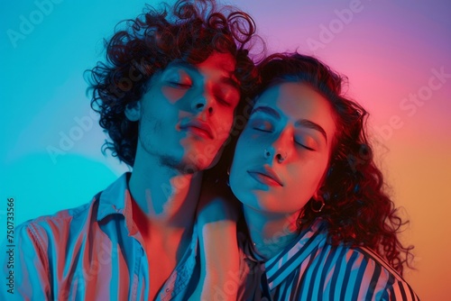 Young curly haired guy in shirt and girl in striped blouse standing close to each other in colorful neon studio lighting. Dreamy Caucasian lovers bowed their heads with eyes closed. © Georgii