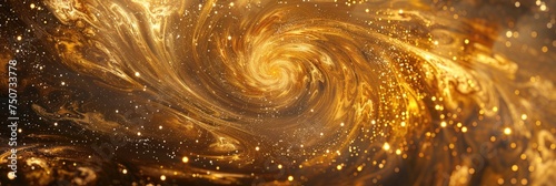 An abstract cosmic background with swirling gold metallic foil accents resembling galaxies and nebulae