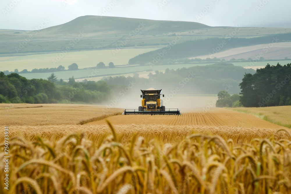 Naklejka premium A combine harvester collecting grains from a barley field.