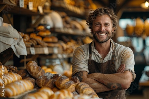 Baker with Pastries, editorial photography - A baker in a bakery, arms crossed, smiling amid a display of freshly baked goods. 