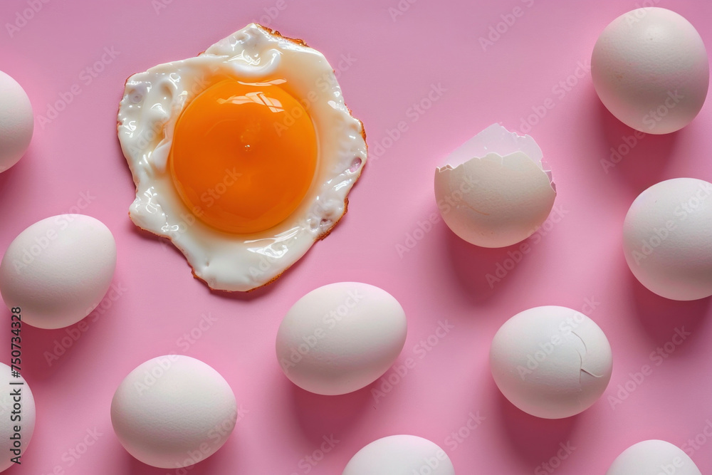 Half of a Broken Egg Surrounded by White Eggs on Pink Background, Concept of Freshness and Fertility Half of a Broken Egg Surrounded by White Eggs on Pink Background, Concept of Freshness and Fertility