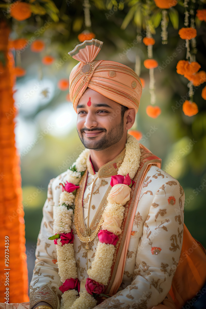 A South Indian groom in traditional attire smiles for the camera.