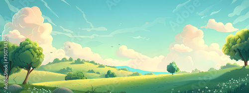A beautiful summer landscape with a vast green meadow bathed in sunlight under a clear blue sky  wallpaper banner background.