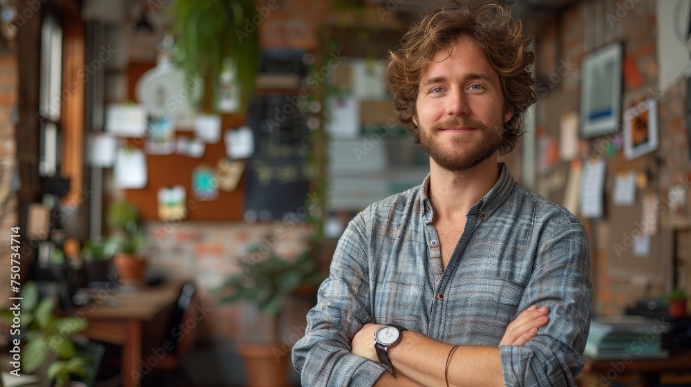 Startup Founder, editorial photography - A startup founder in smart casual wear, arms crossed, smiling in an innovative workspace. 
