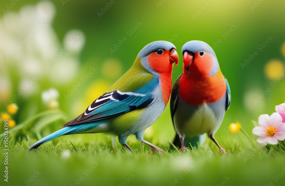 two cute striped lovebirds are walking on the green grass in the Sunny spring garden among flowers