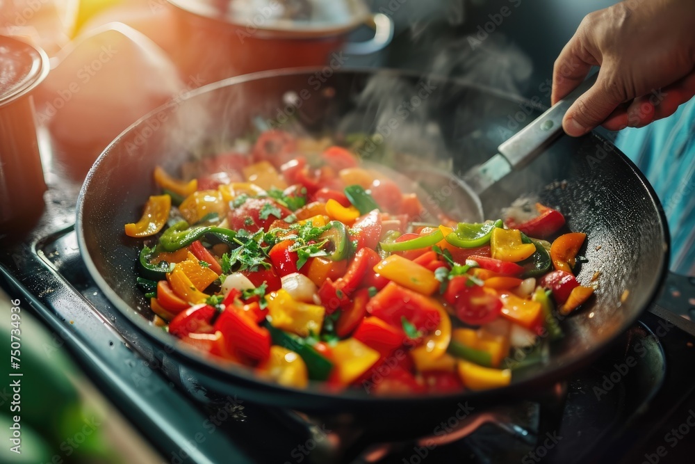 someone cooking a colorful stir-fry with fresh vegetables in a well-lit kitchen during the evening someone cooking a colorful stir-fry with fresh vegetables in a well-lit kitchen during the evening
