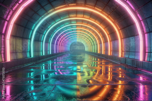 A tunnel with a glossy floor, colorful neon lights, and a reflection of the lights on the floor.