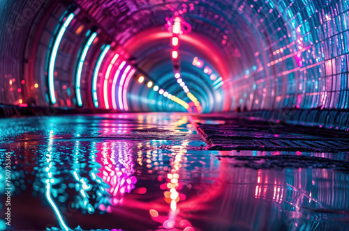 A tunnel with a glossy floor, colorful neon lights, and a reflection of the lights on the floor. © Armir