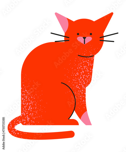 Cute cartoon characteristic red Siamese hairless cat with pink stripes sitting. Flat doodle style. Vector illustration.