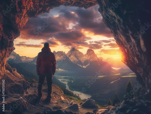 A hiker stands at a cave entrance, gazing at a majestic mountain landscape at sunset