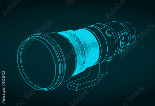 Super-telephoto lens isometric blueprint