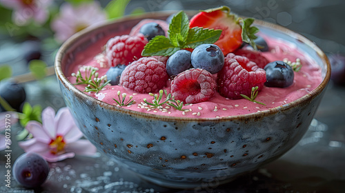 Enjoy a refreshing berry smoothie bowl, a perfect blend of raspberries, blueberries, and strawberries, topped with fresh mint.