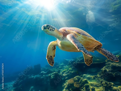 A vibrant sea turtle swims gracefully near a coral reef under the sunlight