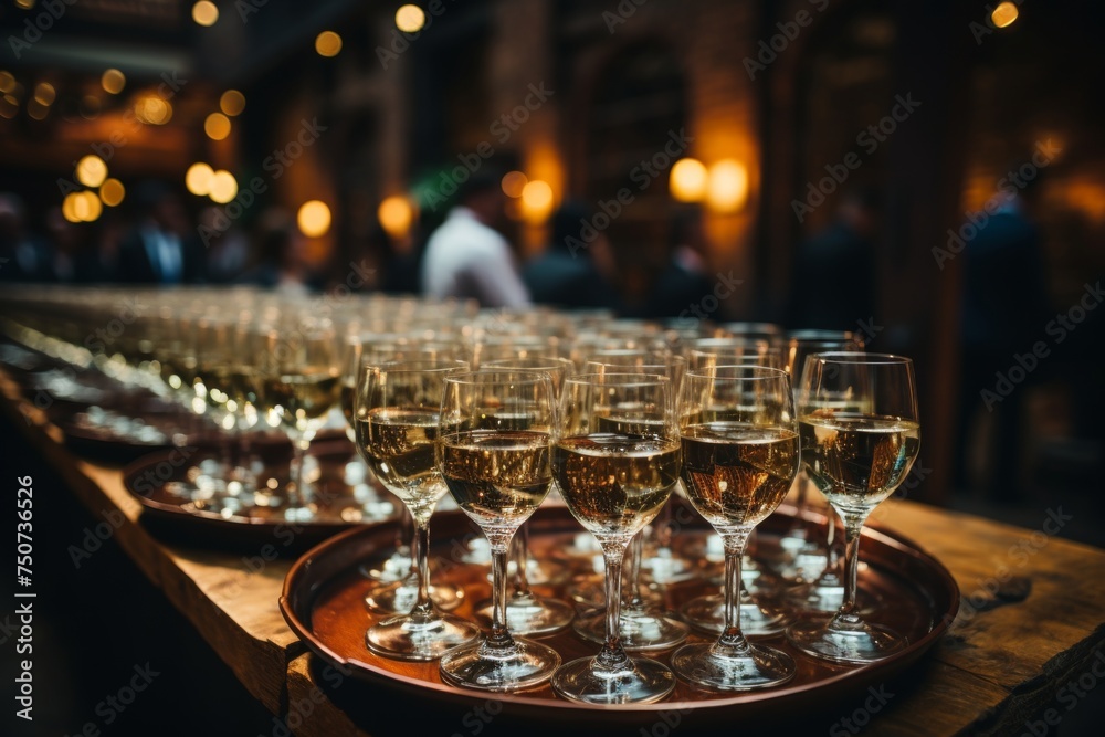 a waiter in a suit stands with a tray on which there are two glasses of champagne for guests of a luxury restaurant - obrazy, fototapety, plakaty 