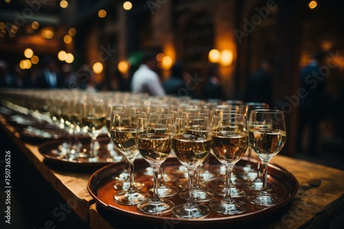 a waiter in a suit stands with a tray on which there are two glasses of champagne for guests of a luxury restaurant