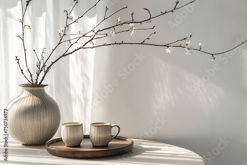 A minimalist coffee table with a ceramic vase holding a single flower branch and a tray with two coffee mugs.