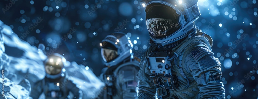 Uncharted Planet Exploration: Astronauts with High-Tech Gear Studying Alien Life