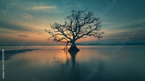 Sunset over the river with leafless trees on the lake. leafless dry tree in water  Alone  loneliness