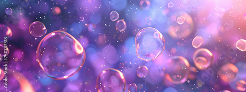 Colorful vibrant violet illustration of round, glowing bubbles floating in a starry purple night sky wallpaper banner background.