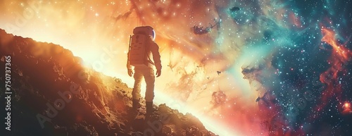 Historic First Steps: Astronaut on Unexplored Planet with Cosmic Landscape Backdrop #750737365