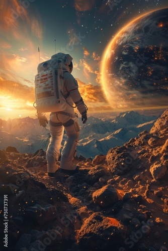 Historic First Steps: Astronaut on Unexplored Planet with Cosmic Landscape Backdrop