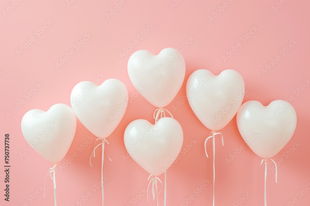 white heart-shaped balloons against a soft pink background