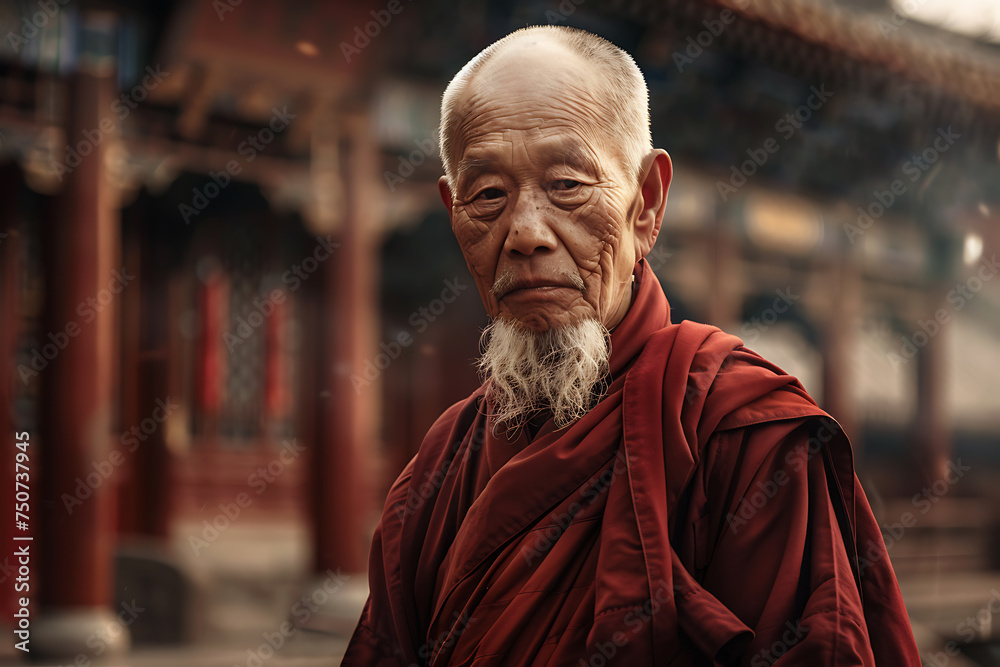 a Chinese old man wearing a monks robe - obrazy, fototapety, plakaty 
