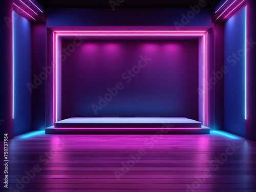 Neon dark stage shows an empty room neon light spotlights dark blue purple pink background design, a dance floor for product display in studio backdrop for photo shooting design