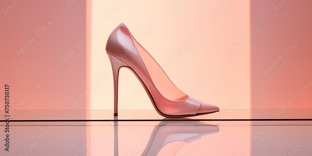 A fashionable high heel against a minimalist backdrop with a soft pink light and clear glass A fashionable high heel against a minimalist backdrop with a soft pink light and clear glass