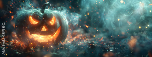 A halloween horror scary pumpkin with light glowing and smoke wallpaper background banner. Copyspace or blank space for edit.