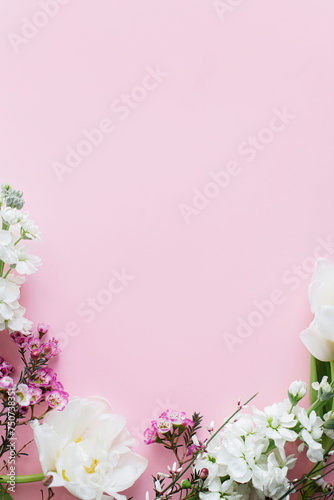 Happy Mothers day and Womens day. Stylish white flowers flat lay on pink background, space for text. Beautiful tender tulips and spring flowers border, greeting card template. Floral banner