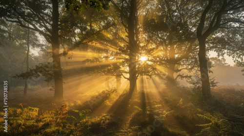 A misty tropical rainforest is illuminated by sunrays. © Panisa