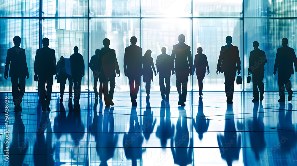 A group of businesspeople silhouetted against a vibrant sunset. A group of businesspeople silhouetted against a vibrant sunset.